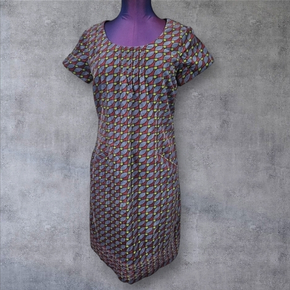 Boden Rust & Blue Geometric Corduroy Short Sleeve Sheath Dress Size 6 Women F46 - Picture 1 of 11